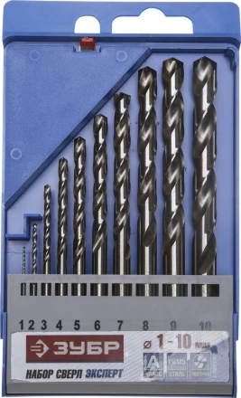 Набор ЗУБР &quot;ЭКСПЕРТ&quot;: Свёрла  по металлу, цилиндрический хвостовик, быстрорежущая сталь Р6М5, 1-10мм, 10шт 4-29625-H10 купить в Ханты-Мансийске