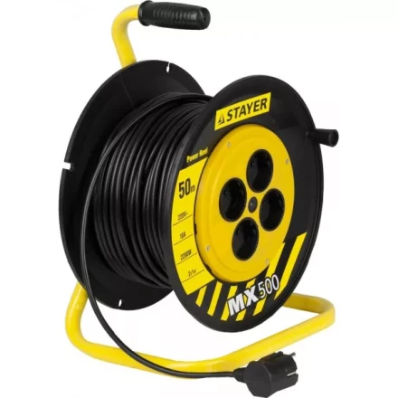 Удлинитель на катушке &quot;MX500&quot;, 50 м, 4 гнезда, ПВС 2x1 кв мм, 2200 Вт, STAYER 55074-50 купить в Ханты-Мансийске