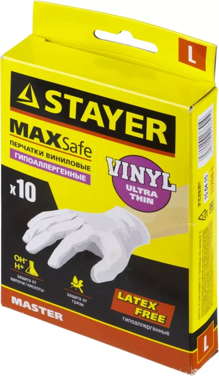 Перчатки STAYER "MASTER" виниловые экстратонкие, L, 10шт 11208-L купить в Ханты-Мансийске