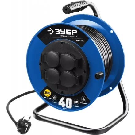 Удлинитель на катушке &quot;ПВС 315&quot;, 40 м, 3500 Вт, 4 гнезда, IP44, ПВС 3х1,5 кв мм, ЗУБР 55081-40 купить в Ханты-Мансийске