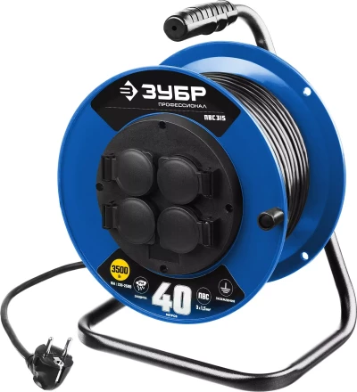 Удлинитель на катушке &quot;ПВС 315&quot;, 40 м, 3500 Вт, 4 гнезда, IP44, ПВС 3х1,5 кв мм, ЗУБР 55081-40 купить в Ханты-Мансийске