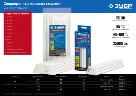 ЗУБР 11 х 200 мм, 12 шт, сверхпрочные прозрачные клеевые стержни, Профессионал (06856-12) купить в Ханты-Мансийске