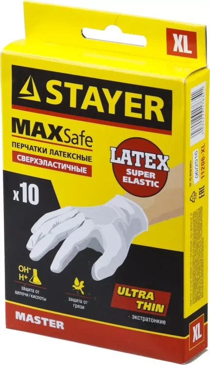 Перчатки STAYER "MASTER" латексные экстратонкие, L, 10шт 11206-L купить в Ханты-Мансийске