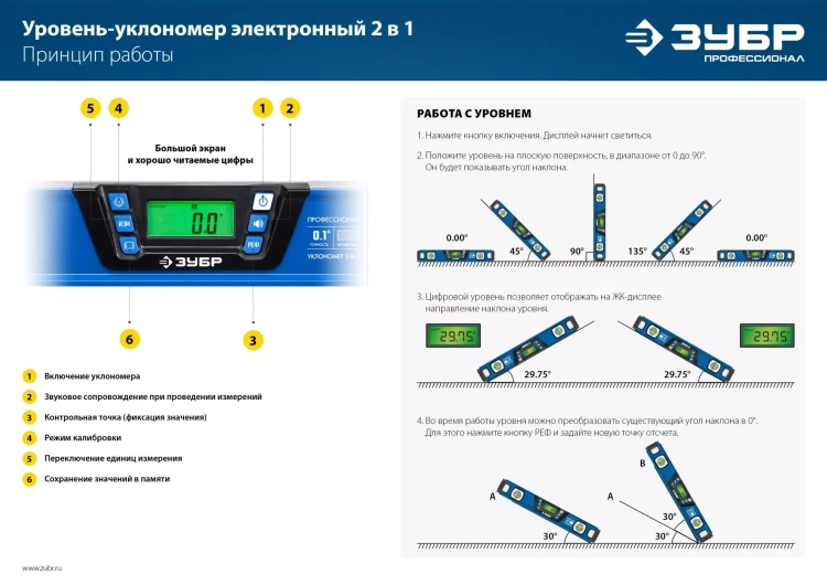 ЗУБР 400 мм, 0-90°, ±0,2°, уровень-уклономер, Профессионал (34286) купить в Ханты-Мансийске