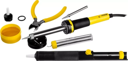 Набор STAYER &quot;PROFI&quot; для паяльных работ, паяльник 55300 + подставка + припой + жало сменное + шприц + насадка на жало + канифоль + кусачки, 60 Вт 55314-60-H8 купить в Ханты-Мансийске
