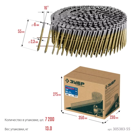 ЗУБР CNW 55 х 2.3 мм, барабанные гвозди рифленые оцинкованные, 7200 шт (305383-55) купить в Ханты-Мансийске