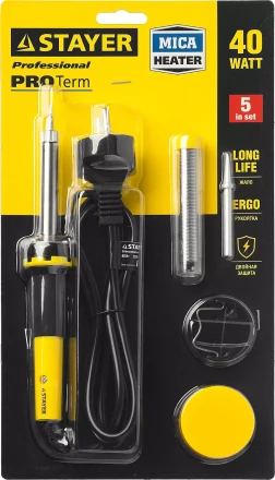 Набор для паяльных работ STAYER &quot;PROFI&quot; PROTerm, 55312-40-H5, паяльник 55300 + подставка + припой + жало сменное + канифоль, 40 Вт 55312-40-H5 купить в Ханты-Мансийске