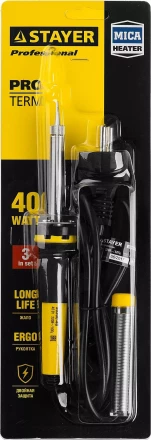 Паяльник PROTerm с двухкомпонентной рукояткой, в комплекте с припоем и подставкой, жало - конус, STAYER Professional 55300-40, 40 Вт 55300-40 купить в Ханты-Мансийске