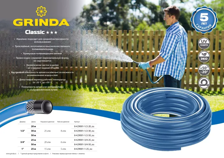 Шланг GRINDA CLASSIC поливочный, 20 атм., армированный, 3-х слойный, 3/4"х50м 8-429001-3/4-50_z02 купить в Ханты-Мансийске