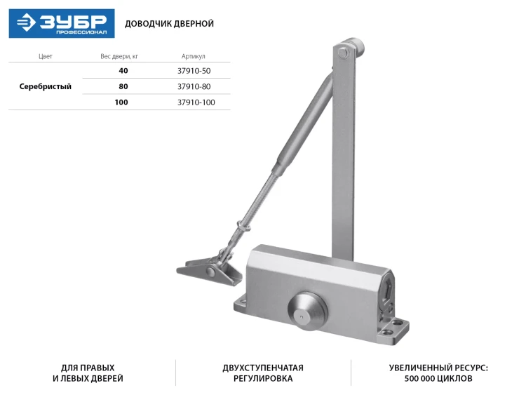 Доводчик дверной ЗУБР для дверей массой до 80 кг, цвет серебро 37910-80 купить в Ханты-Мансийске