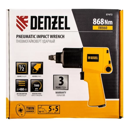 Ударный пневмогайковерт IW860, 1/2", 7000 об/мин, 868 Нм Denzel 57472 купить в Ханты-Мансийске