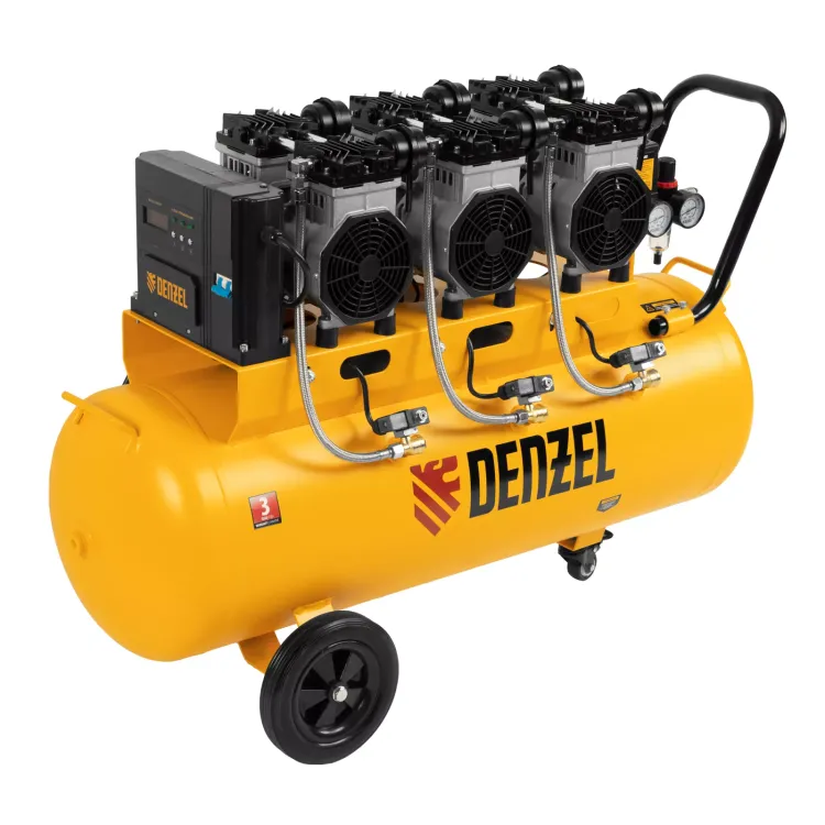 Компрессор безмасляный, малошумный Denzel DLS 3300/100, 3300 Вт,3x1100, 100 л, 570 л/мин ,блок управления купить в Ханты-Мансийске