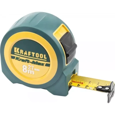 Рулетка KRAFTOOL "Kraft-Max", длинный вылет, нейлон покрытие, упрочненный двухкомп корпус, 8м/27мм 34127-08-27