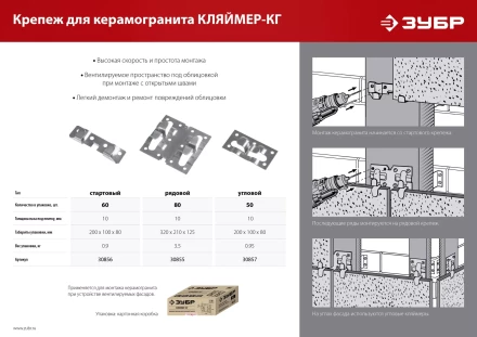ЗУБР Кляймер-КГ, 10 x 20 x 75 мм, цинк, 60 шт, стартовый крепеж для керамогранита (30856) купить в Ханты-Мансийске