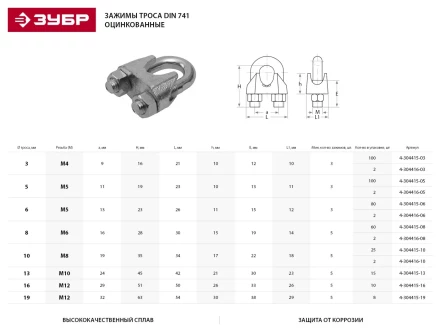 Зажим троса ЗУБР &quot;ПРОФЕССИОНАЛ&quot; DIN 741, оцинкованный, 6мм, 80 шт 4-304415-06 купить в Ханты-Мансийске