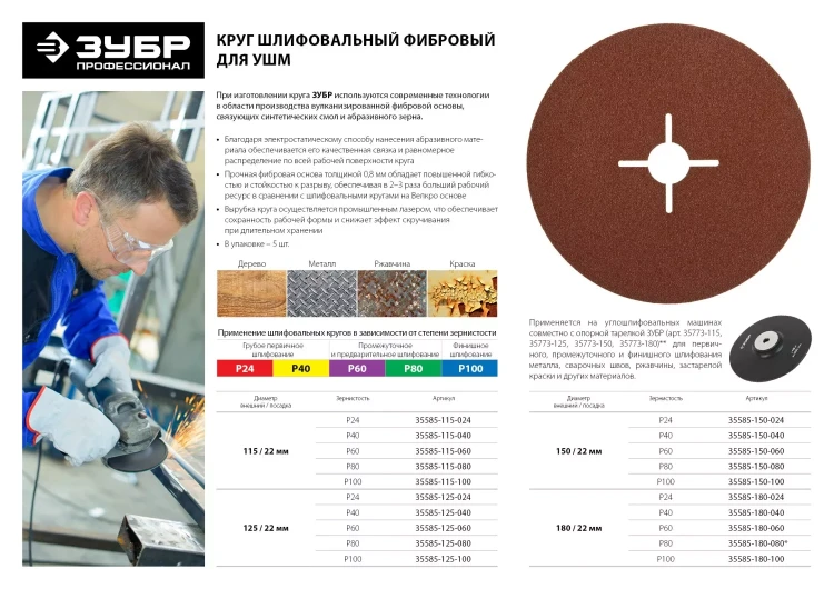 Круг шлифовальный ЗУБР "ПРОФИ" фибровый, для УШМ, P40, 115х22мм, 5 листов 35585-115-040 купить в Ханты-Мансийске