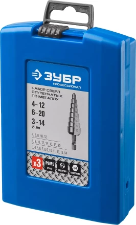 Набор ЗУБР ступенчатых сверл по сталям и цвет. мет. ст. Р6М5, d=3-14мм, 12ступ. d=4-12мм 5 ступ., d=6-20мм 14ступ. 29670-3-20-H3_z01 купить в Ханты-Мансийске