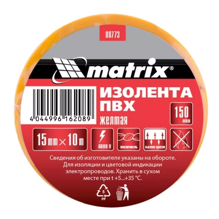 Изолента ПВХ 15 мм х 10 м желтая 150 мкм Matrix 88773 купить в Ханты-Мансийске