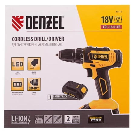 Дрель-шуруповерт аккумуляторная Denzel 26115, CDL-18-01CB, Li-Ion, 18 В, 1 аккумулятор купить в Ханты-Мансийске
