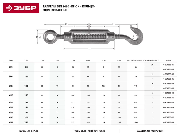 Талреп ЗУБР "ПРОФЕССИОНАЛ"  DIN 1480, крюк-кольцо, оцинкованный, кованая натяжная муфта, М20, ТФ20, 1 шт 4-304355-20 купить в Ханты-Мансийске