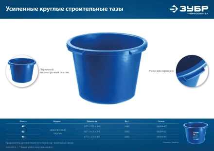 ЗУБР 40 л, первичный высокопрочный пластик, усиленный круглый строительный таз (06094-45) купить в Ханты-Мансийске