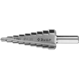 Сверло ЗУБР "МАСТЕР" ступенчатое по сталям и цвет.мет., быстрорежущая сталь, d=4-20мм, 9ступ.d=4-20, L-75 мм,трехгран. хвост. 8мм 29665-4-20-9