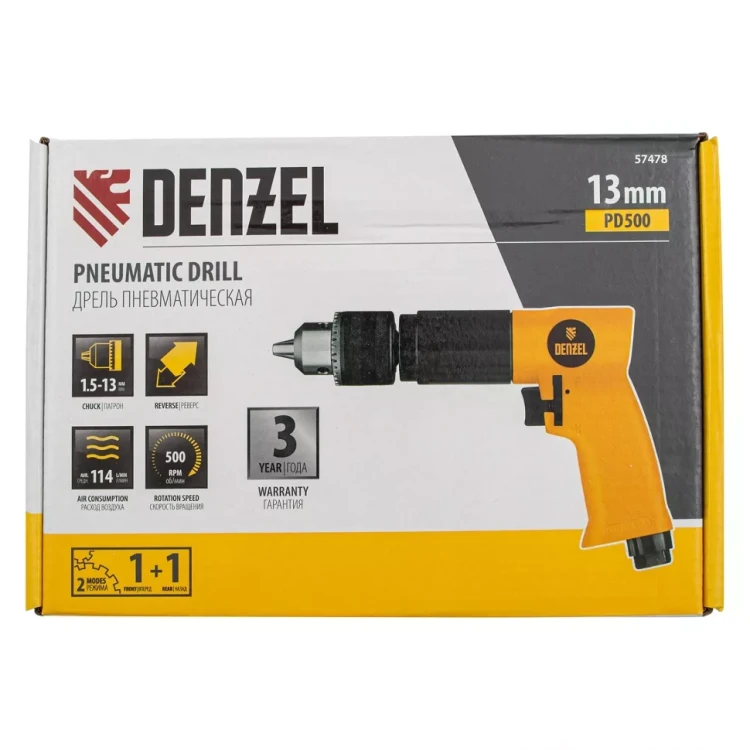 Пневматическая дрель Denzel 57478 PD500, 500 об/мин, 114 л/мин, 13 мм купить в Ханты-Мансийске
