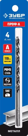 ЗУБР ПРОФ-А, 4.0 х 119 мм, сталь Р6М5, класс А, удлиненное сверло по металлу, Профессионал (29624-4) купить в Ханты-Мансийске