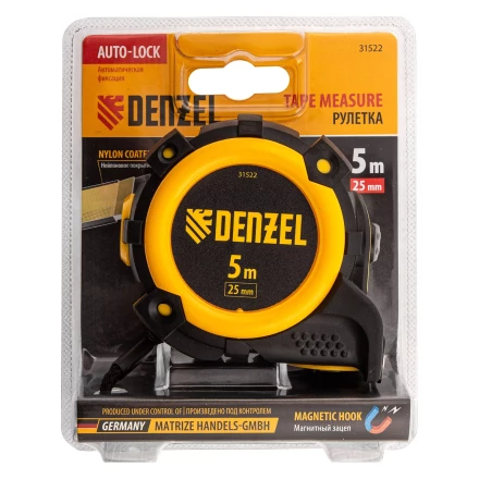 Рулетка Denzel 5м х 25мм, автоматич. фиксац., нейлон. покрытие, магнит. зацеп, двухстор. разметка 31522 купить в Ханты-Мансийске