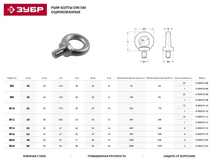 Рым-болт ЗУБР &quot;ПРОФЕССИОНАЛ&quot; DIN 580, оцинкованный, М12, 10 шт 4-304315-12 купить в Ханты-Мансийске