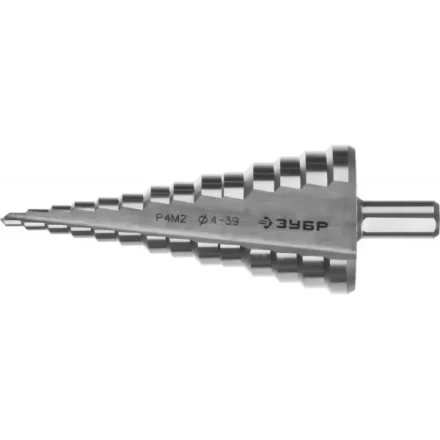 Сверло ЗУБР &quot;МАСТЕР&quot; ступенчатое по сталям и цвет.мет., быстрорежущая сталь, d=4-39мм,14ступ.d=4-39, L -113 мм, трехгран.хв. 10мм 29665-4-39-14 купить в Ханты-Мансийске