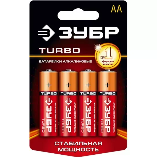 Батарейка Зубр "TURBO" щелочная (алкалиновая), тип AA, 1,5В, 4шт на карточке 59213-4C купить в Ханты-Мансийске