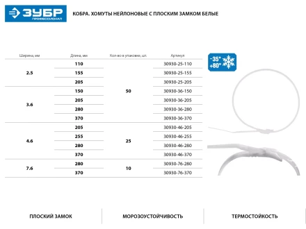 Кабельные стяжки белые КОБРА, с плоским замком, 2.5 х 205 мм, 50 шт, нейлоновые, ЗУБР 30930-25-205 купить в Ханты-Мансийске