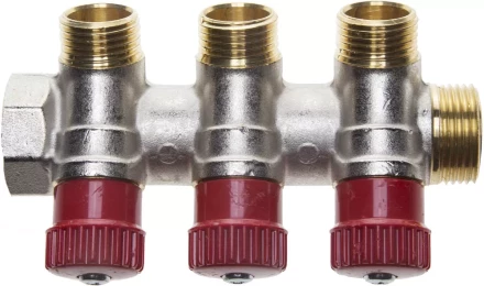 Коллектор GENERAL FITTINGS для горячей воды, вентили, никелированная латунь, вход 3/4" - 3 выхода 1/2" 51046-3/4-1/2-HT3 купить в Ханты-Мансийске