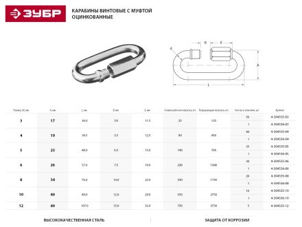Карабин ЗУБР &quot;МАСТЕР&quot; винтовой с муфтой, оцинкованный, 3мм, 50 шт 4-304535-03 купить в Ханты-Мансийске