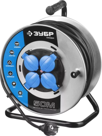 Удлинитель ЗУБР &quot;ПРОФИ&quot; на металл катушке, КГ 3х1,5кв мм, морозостойкий, 4 гнезда, IP44, макс мощность 3500Вт, 50м 55085-50 купить в Ханты-Мансийске
