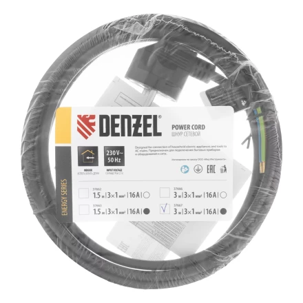 Шнур сетевой Denzel Energy Series, ПВС, 3 м, 3 x 1 мм, с неразборной вилкой, черный, 3 м, 37667 купить в Ханты-Мансийске