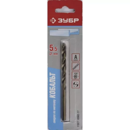Сверло ЗУБР &quot;КОБАЛЬТ&quot; по металлу, цилиндрический хвостовик, быстрорежущая сталь Р6М5К5, класс точности А1, 5,5х93мм, 1шт 4-29626-093-5.5 купить в Ханты-Мансийске