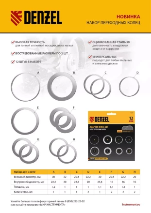Кольца переходные 32х30, 30х25,4, 25,4х22.2, 22.2х20, 20х16, 30х22.2, 25.4х16, 22.2х16 мм. Denzel 73399 купить в Ханты-Мансийске