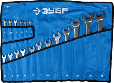 Набор ЗУБР &quot;ПРОФИ&quot;: Ключ гаечный комбинированный, Cr-V сталь, хромированный, 6-32мм, 18шт 27022-H18 купить в Ханты-Мансийске