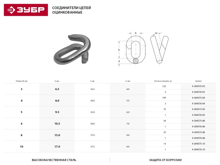 Соединитель цепей ЗУБР, оцинкованный, 10мм, 15 шт 4-304575-10 купить в Ханты-Мансийске