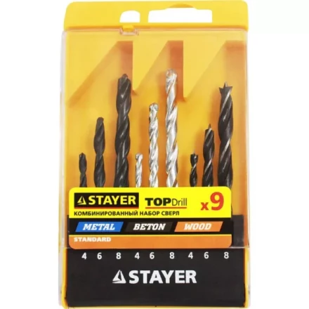 Набор STAYER &quot;STANDARD&quot;: Сверла комбинированные, дерево (4-6-8мм), металл (4-6-8мм), бетон (4-6-8мм), 9 предметов 29720-H9 купить в Ханты-Мансийске