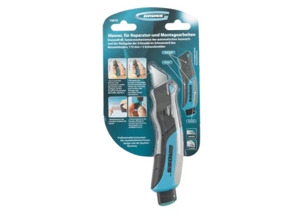 Нож ремонтно-монтажный, трехкомпонентная рукоятка, кнопочный авто выброс/возврат лезвия, 175 мм + 5 з.л GROSS 78879 купить в Ханты-Мансийске