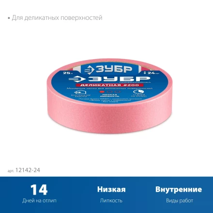 ЗУБР №200 24 мм х 25 м, для деликатных и недавно окрашенных поверхностей, малярная лента, Профессионал (12142-24) купить в Ханты-Мансийске