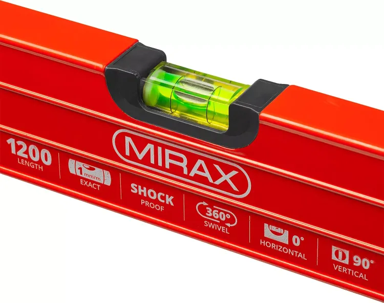 Уровень коробчатый усиленный MIRAX, утолщенный профиль, 3 противоударных ампулы (1 поворотная на 360 град), с ручками, 120 см 34603-120 купить в Ханты-Мансийске