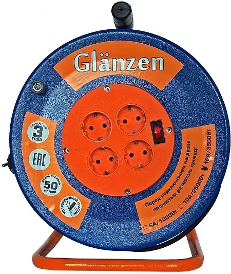 Удлинитель силовой на катушке GLANZEN 4 гн. КГ 3х2,5 ЕВ-50-010 купить в Ханты-Мансийске