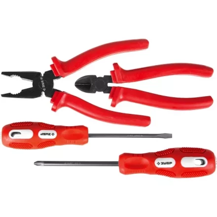 Набор слесарно-монтажного инструмента ЗУБР &quot;МАСТЕР&quot;: 2 отвертки, плоскогубцы и бокорезы, 4 предмета 22015-H4 купить в Ханты-Мансийске