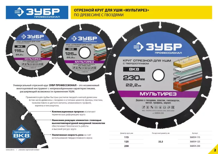 Отрезной круг "МУЛЬТИРЕЗ-ВК8" для УШМ, 230х22,2мм, ЗУБР 36859-230 купить в Ханты-Мансийске