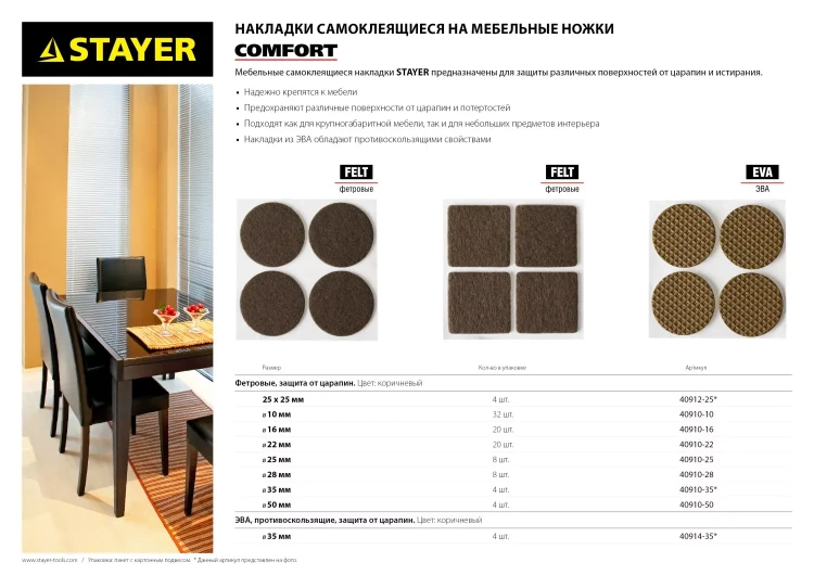 Накладки STAYER "COMFORT" на мебельные ножки, самоклеящиеся, фетровые, коричневые, квадратные - 25*25 мм, 4 шт 40912-25 купить в Ханты-Мансийске