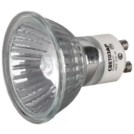 Лампа галогенная СВЕТОЗАР с защитным стеклом, алюм. отражатель, цоколь GU10, диаметр 51мм, 35Вт, 220В SV-44823 купить в Ханты-Мансийске